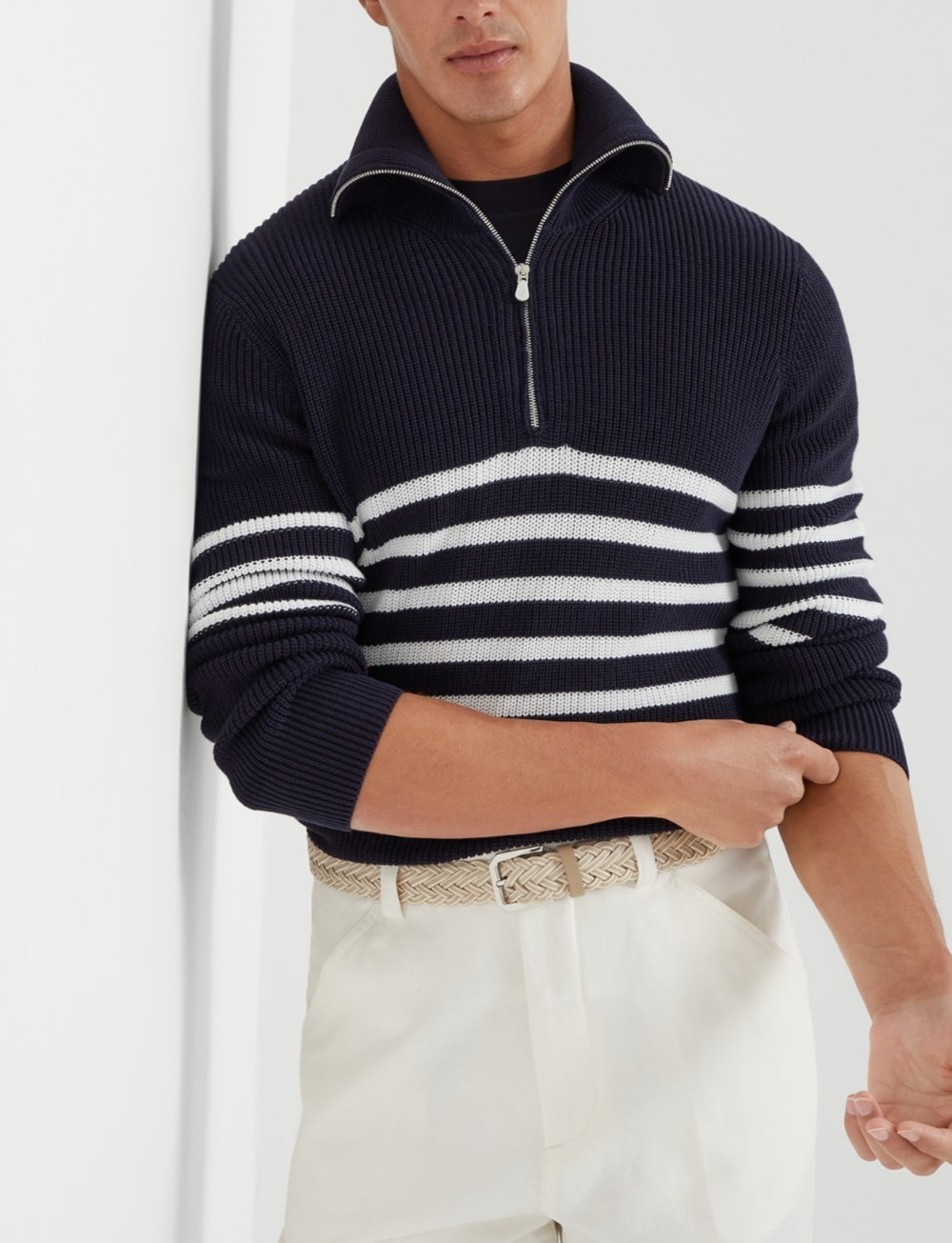 NWT $2600 Brunello Cucinelli Men’s Ribbed Knit Half-Zip Striped Sweater A262