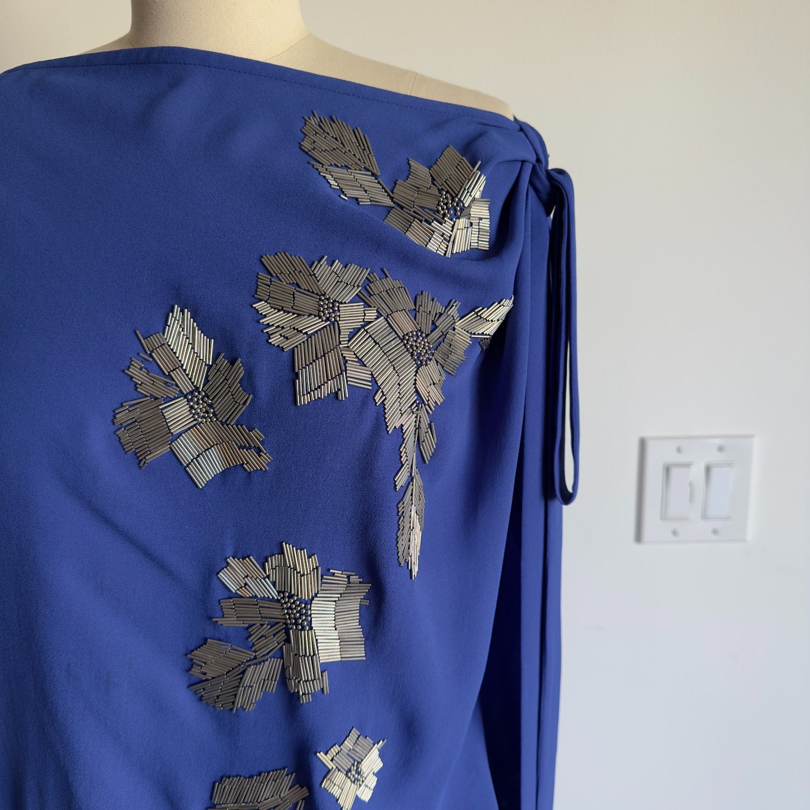 Robert Rodriguez Royal Blue Sheath Dress-Silver Beaded Floral Design-Size 4 $175
