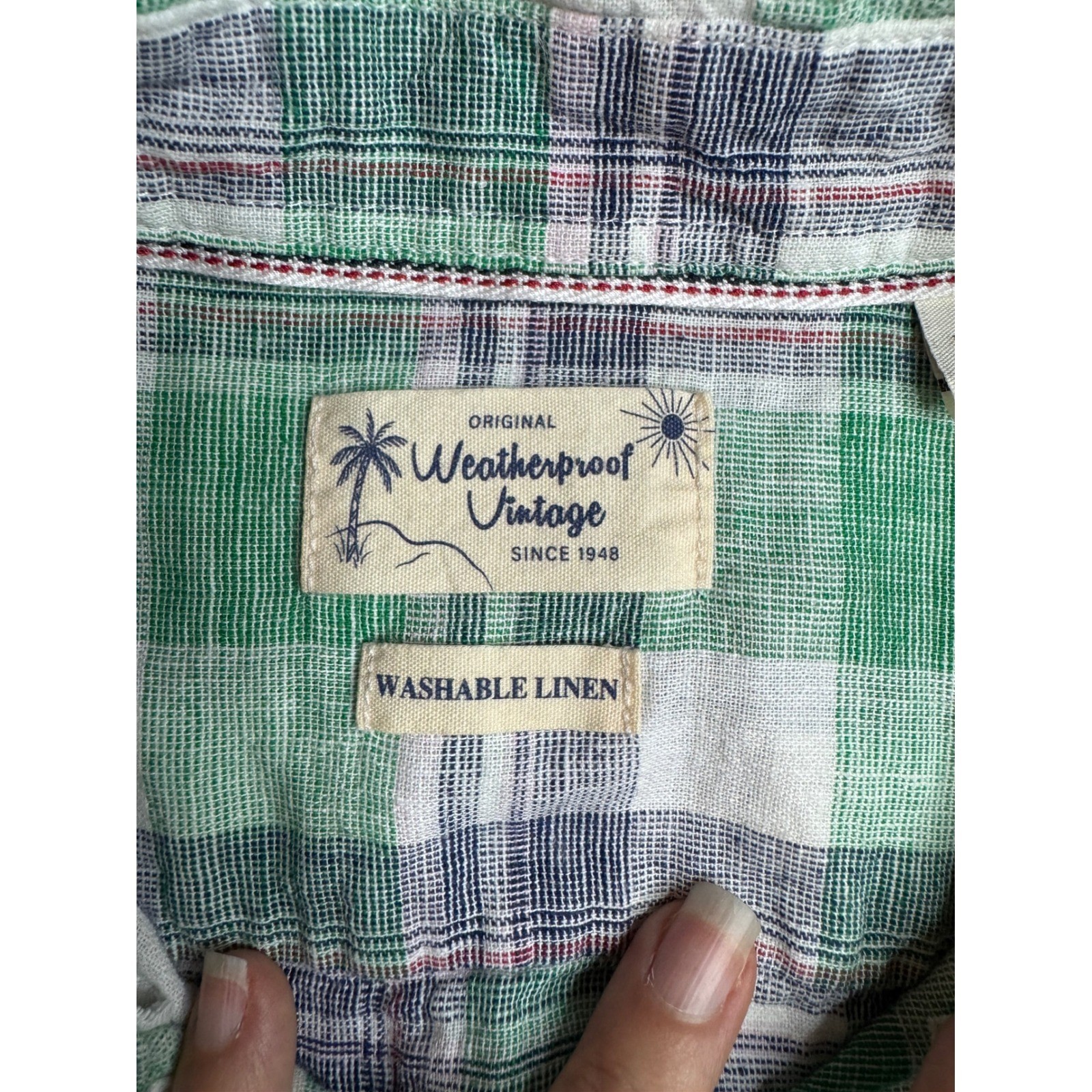 Weatherproof Vintage Mens Large Green Plaid Linen Cotton Short Sleeve Shirt