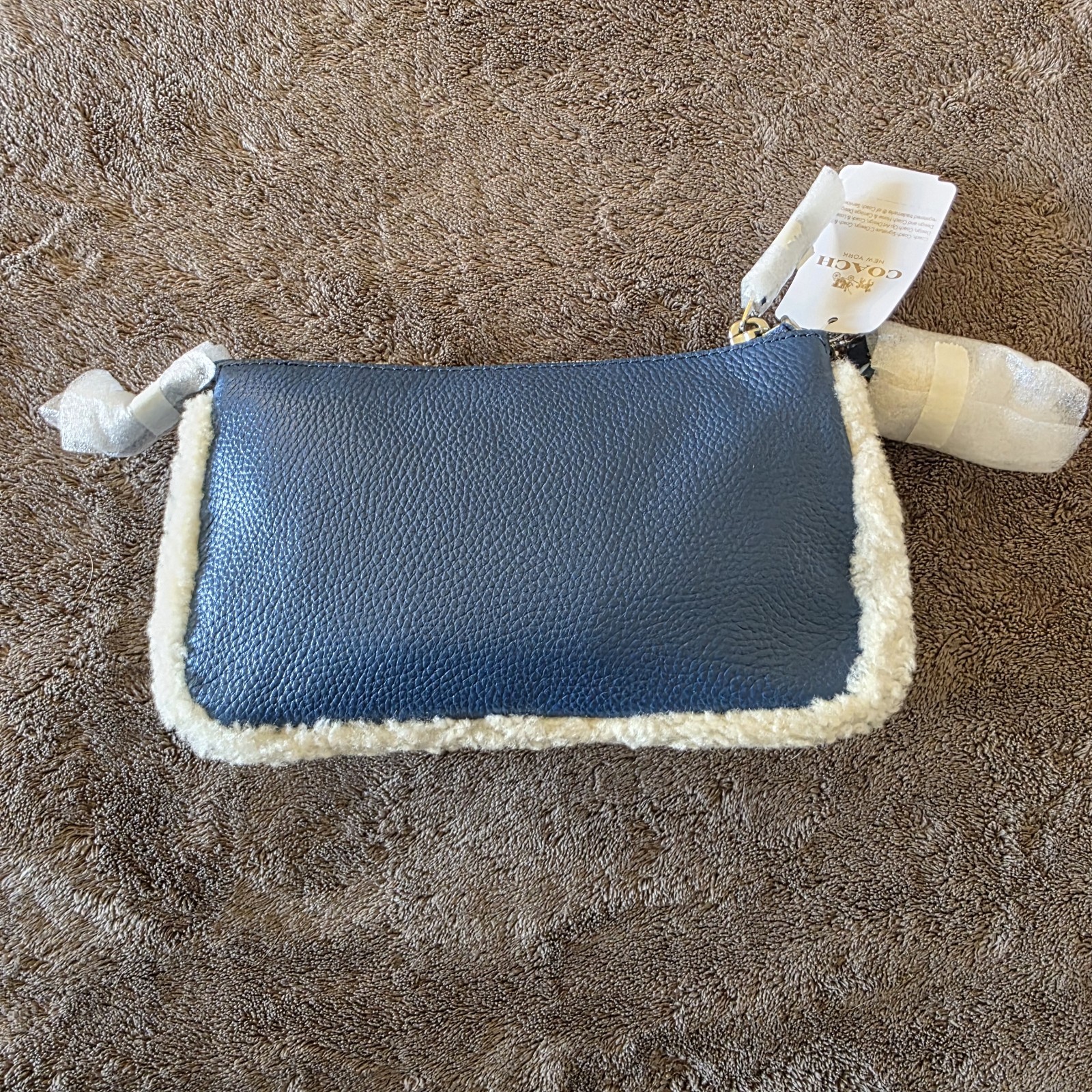 Coach Nolita 19 Shearling Blue Pebble Leather Wristlet Chain Bag NWT