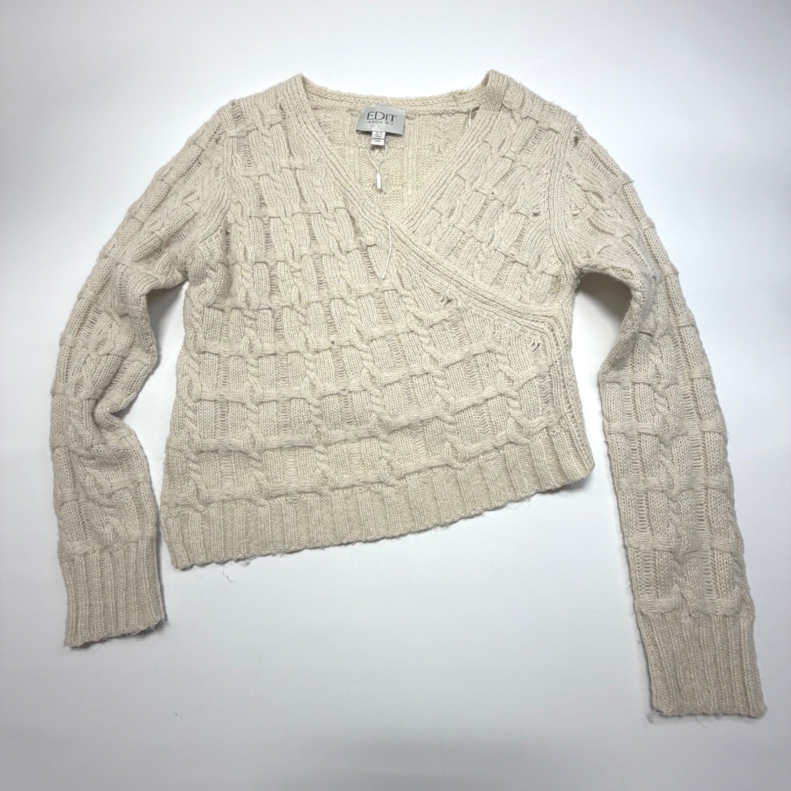 EDIT Jason Wu Cable Knit Wrap Sweater Cropped Neutral Cozy Size M