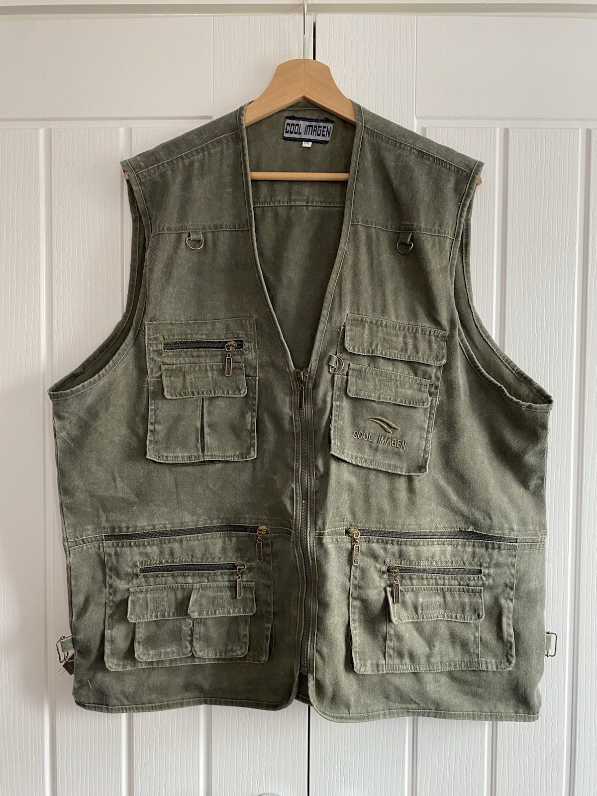 Cool Imagen Mens Vintage Khaki Green Utility Fishing Gilet Size XXL