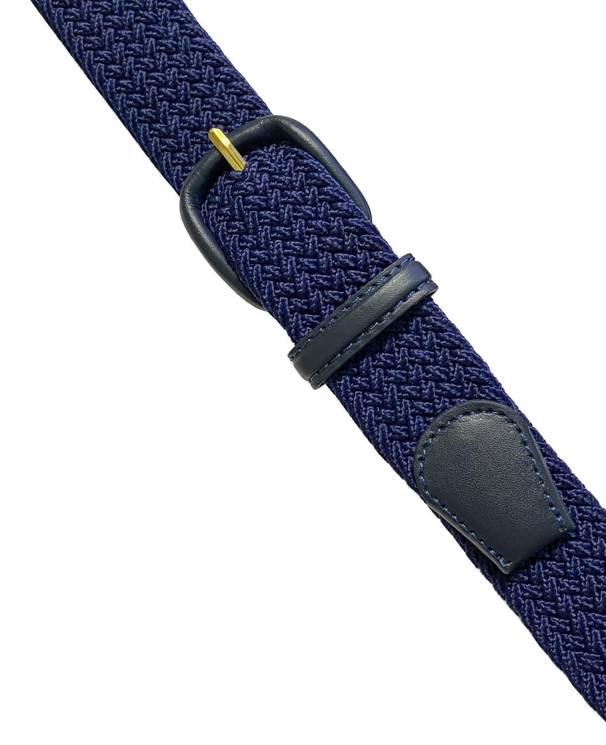 Navy Stretch Belt Leather Covered Buckle Woven Elastic Stretch Belt 1-1/4″ Wide