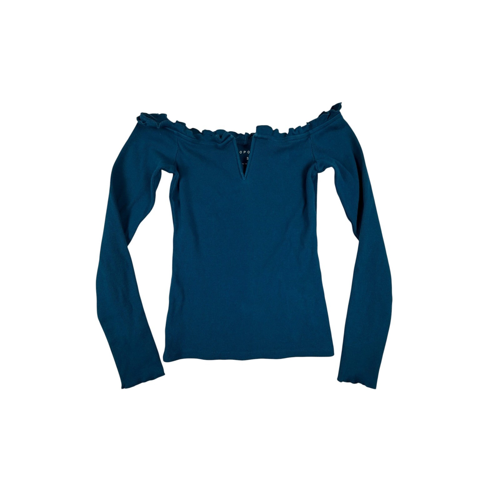 Aeropostale Teal Blue Ribbed Off Shoulder Ruffle V-Notch Long Sleeve Top Small