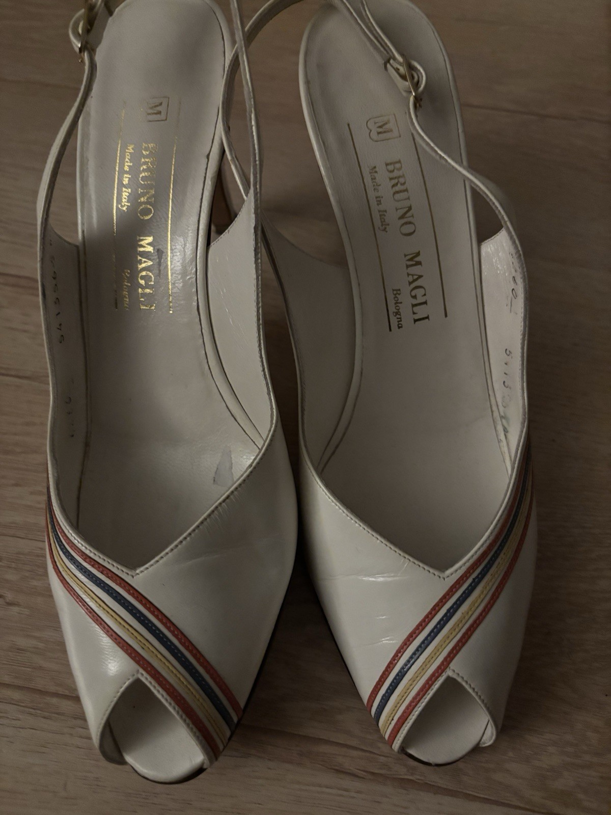 Bruno Magli Women’s White Leather Striped Peep Toe Slingback Stiletto 6.5AAA