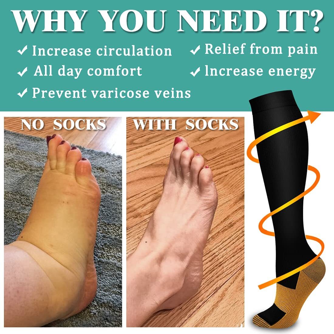 Compression Socks (S-XXL) Pain Relief Calf Leg Foot Support Stocking Men & Women