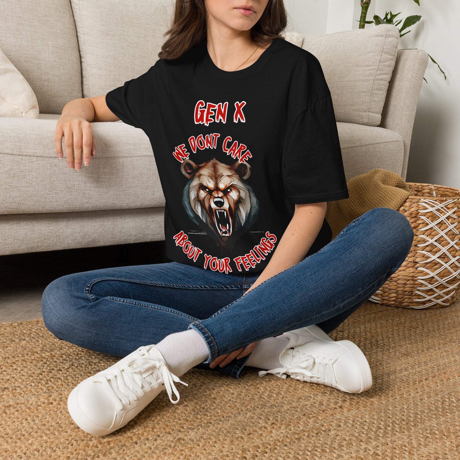 Sarcastic Gen X Dark Shirt We Dont Care About Your Feelings Bear Tee, Badass Gen