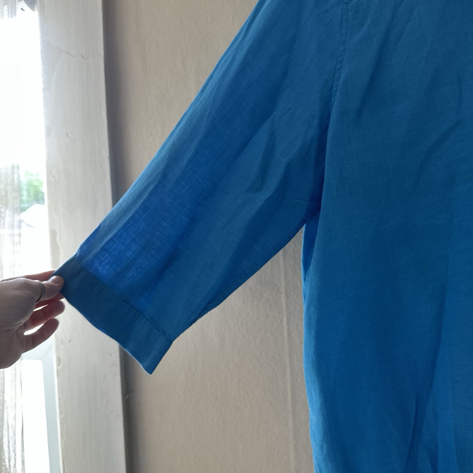 Chicos Womens Linen Button Up Size 3.5 / 18 Blue Coastal Nautical Collared Beach