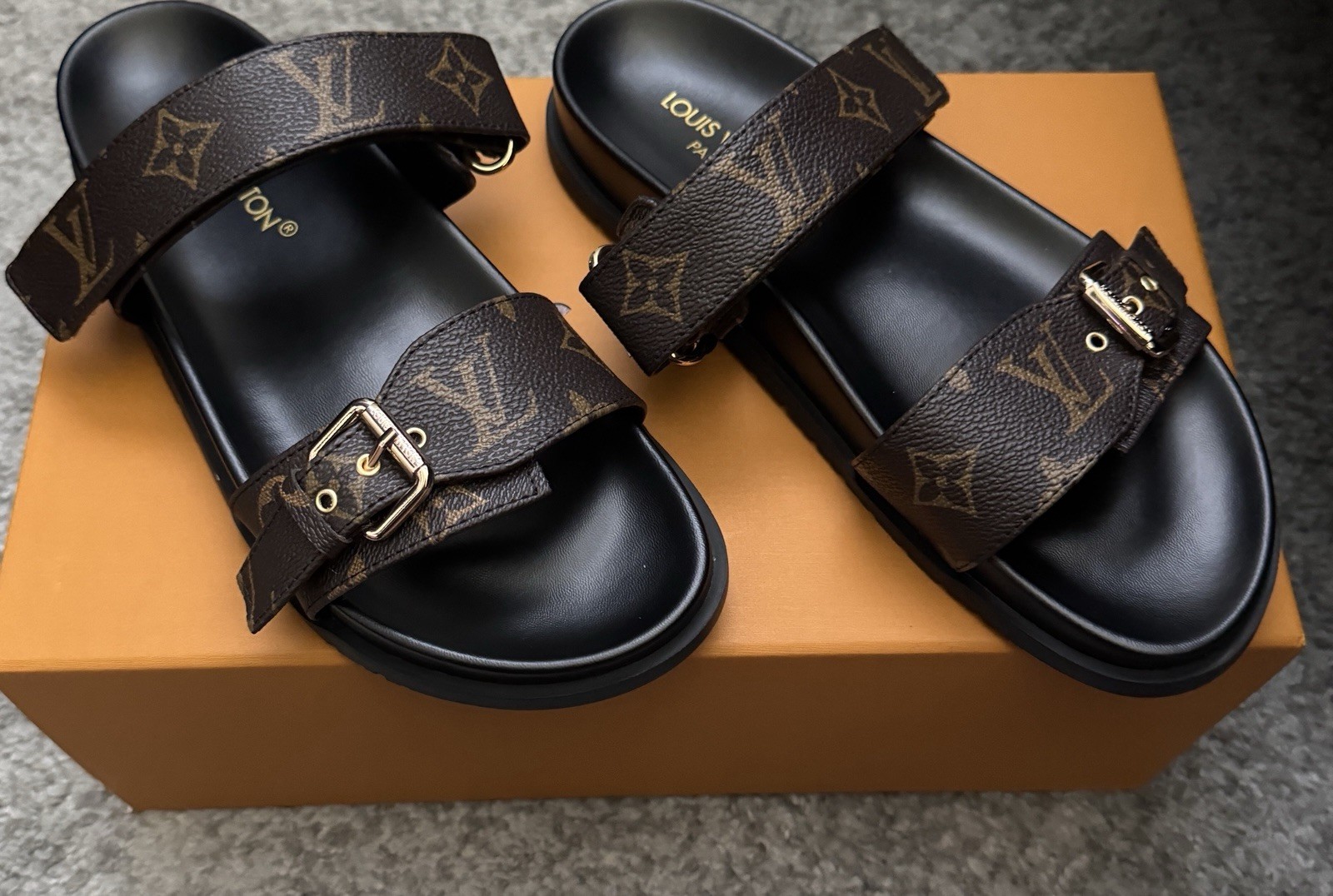 Louis Vuitton Brown Black Gold Buckle Logo Leather Slide Sandals For Women