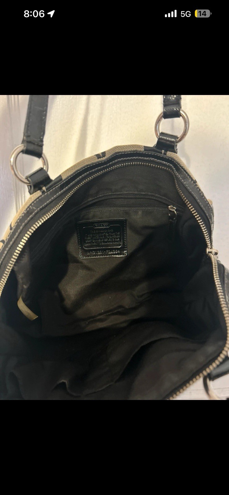 Coach Black/Beige Signature Logo Satchel Bag Zip Closure Silver Hardware Pockets