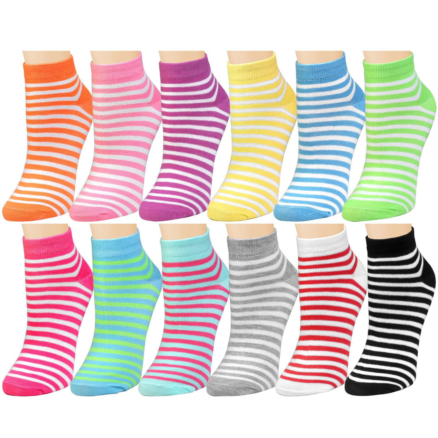 12 Pairs Mini-Striped Assorted Color Women Athletic Sport Ankle Socks 9-11