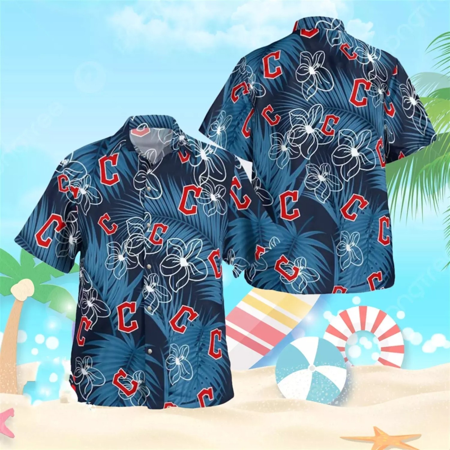 The Land Baseball Hawaiian Shirt Navy Red Tropical Summer Beach Button Down Fan