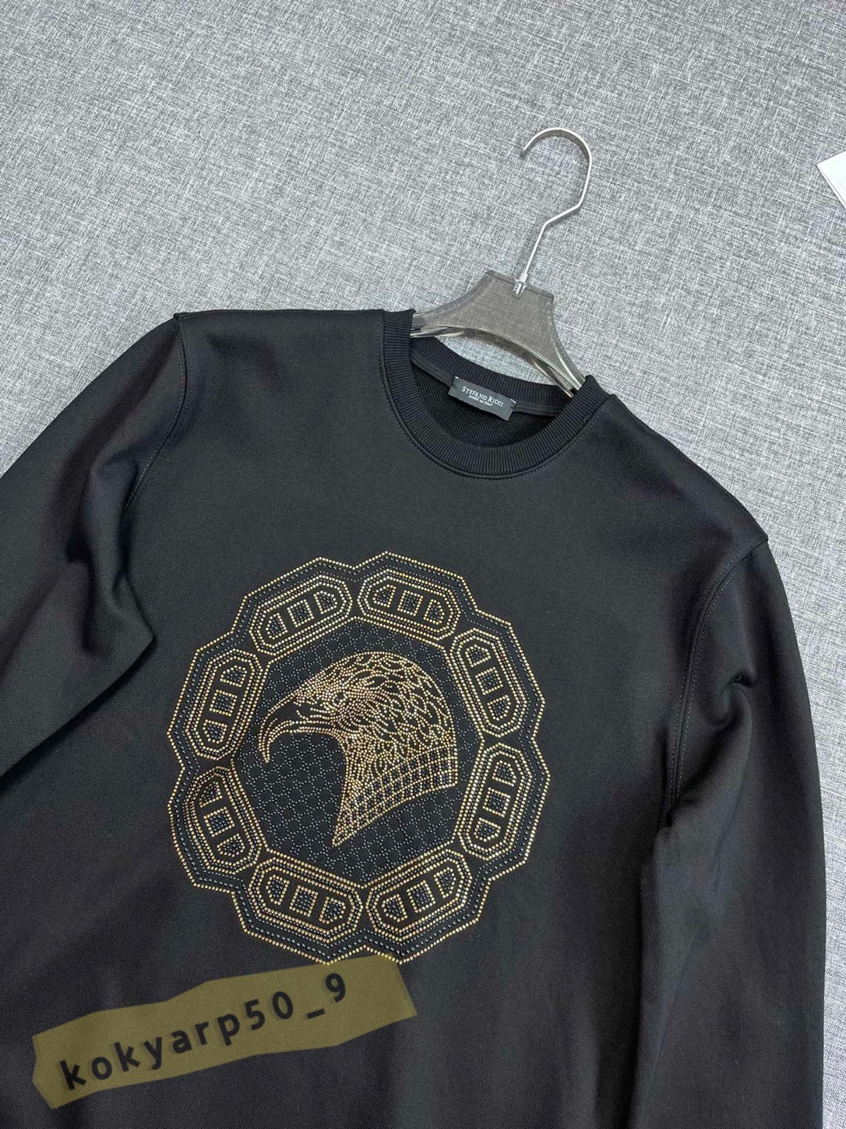 Stefano Ricci 3D Embroidered Logo Black Men’s Casual Round-Neck Sweatshirt