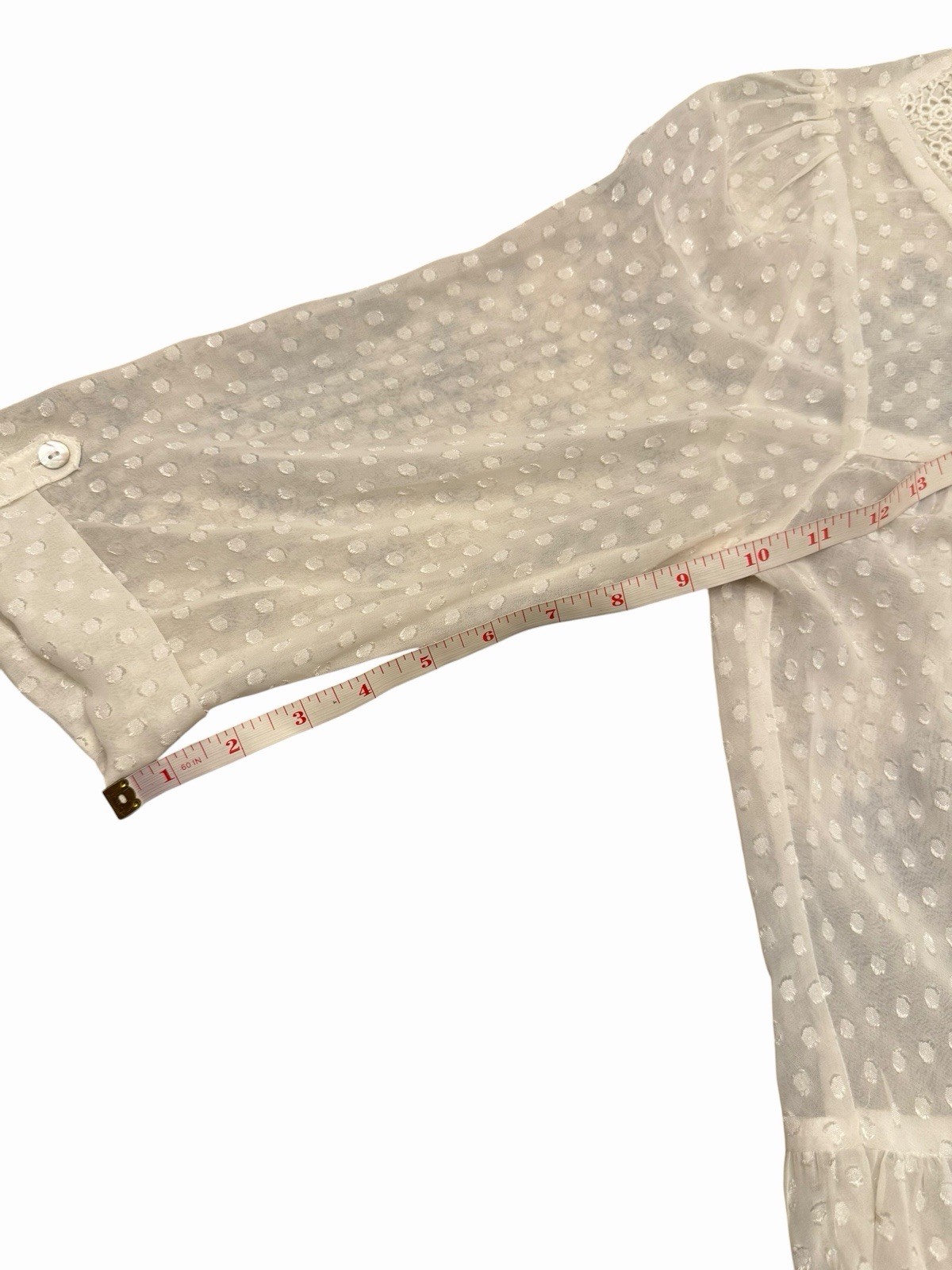 DANIEL RAINN Sheer White Blouse Roll Tab Sleeve MED Pockets Polka Dot Lace STAIN
