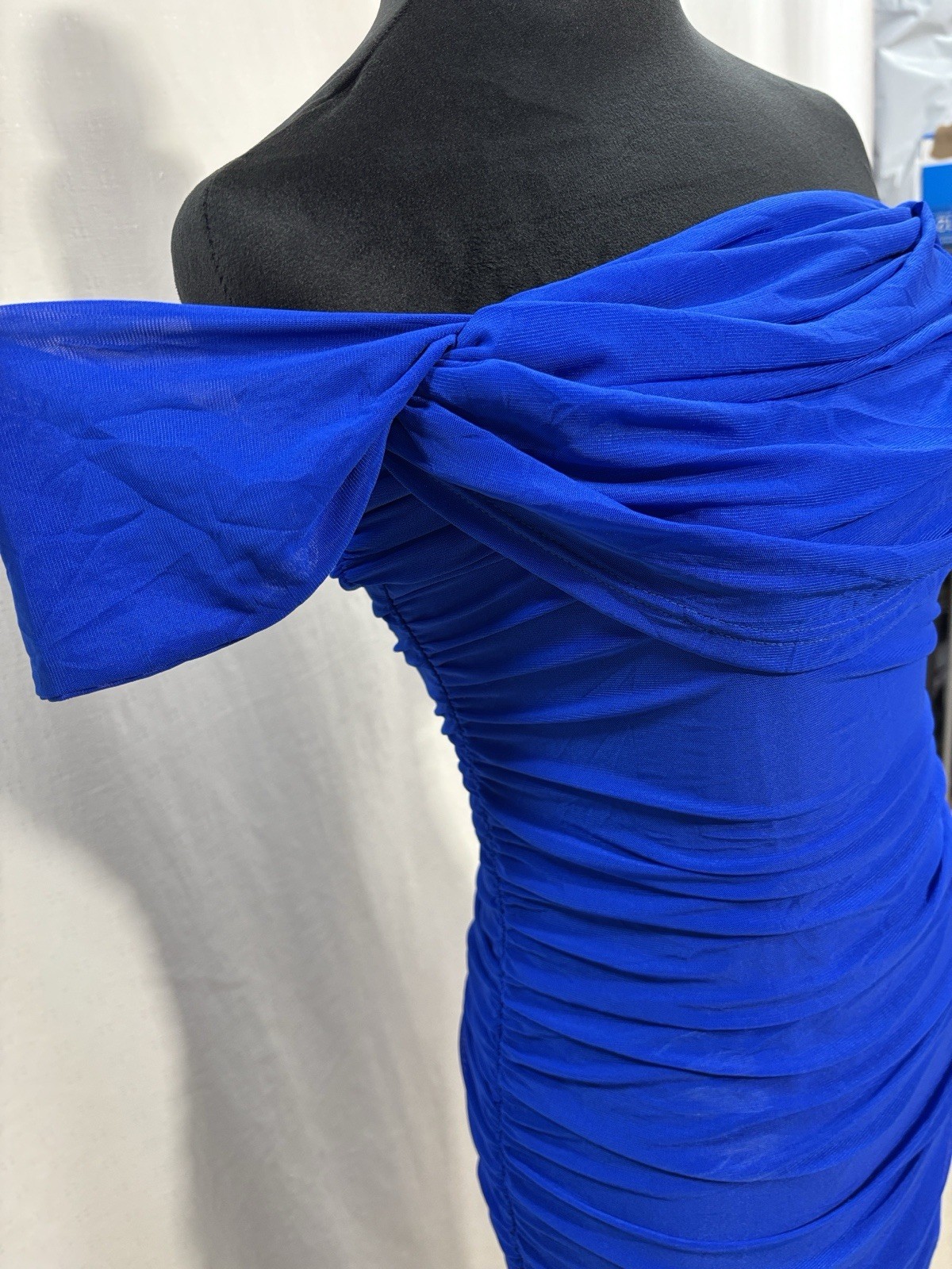 Off-Shoulder Ruched Midi Dress in Bright Blue formal wedding prom trendy party