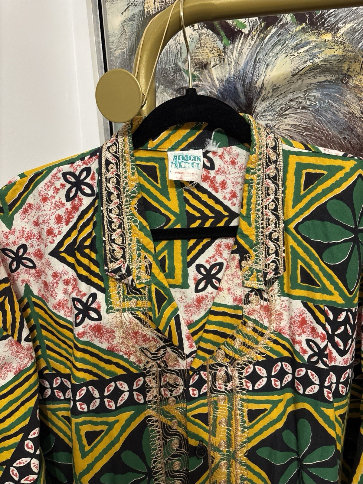 Vtg 90s Charles Smith Kenya 100% Cotton Embroidered Tunic Shirt Pockets L