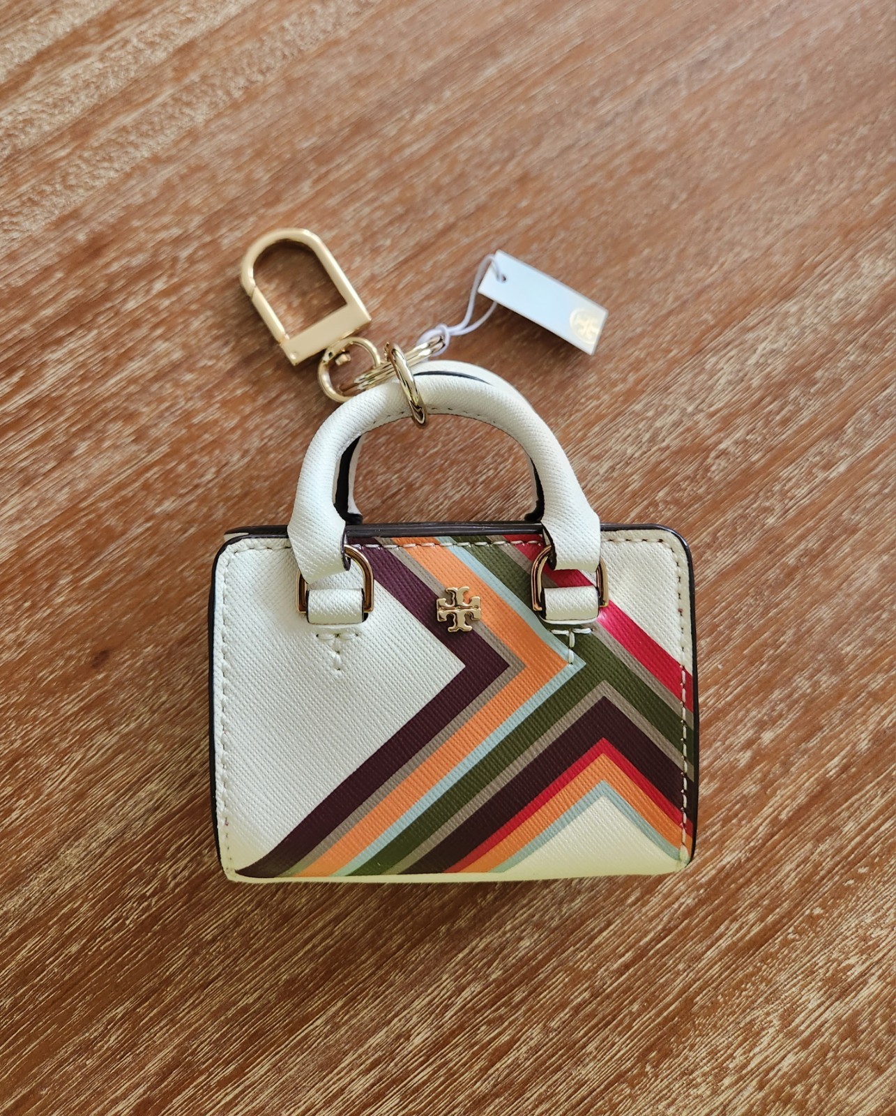 NEW Tory Burch Robinson Mini Tote Keyfob Bag Charm Key Chain Multi-Strip