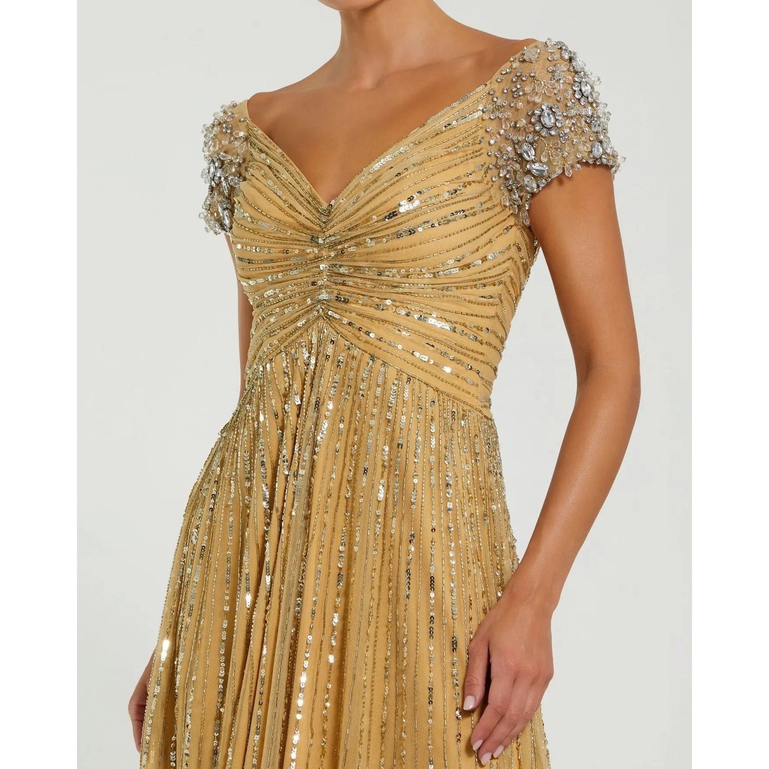 Luxury Gold Sequined Evening Gown With Embellished Shoulders Customized Dresses