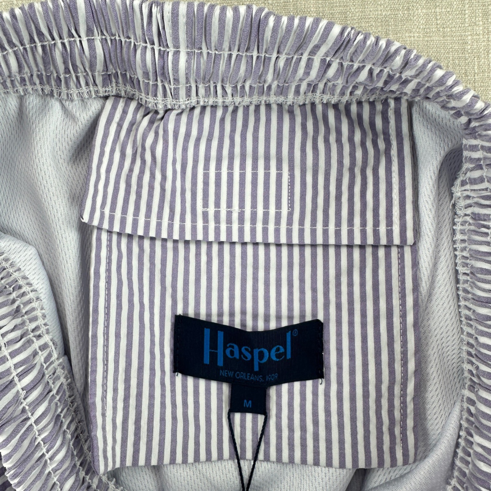 Haspel Swim Trunks Mens Medium Purple Seersucker Striped Beach Shorts NWT