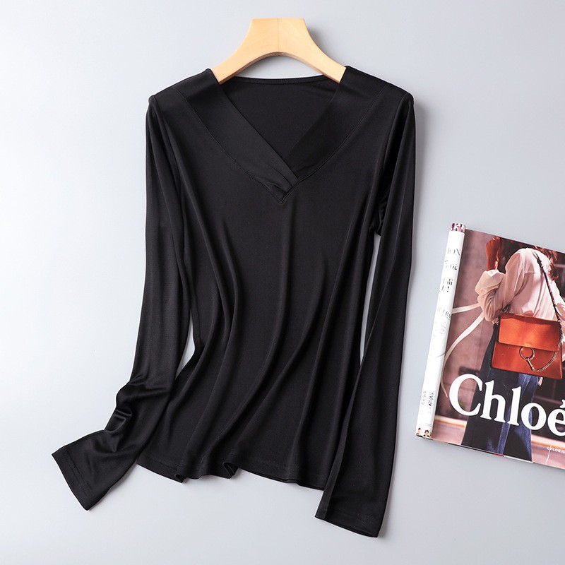 Women V Neck Mulberry Silk Top Long Sleeve Knited Silk T-Shirt Pullover Blouse