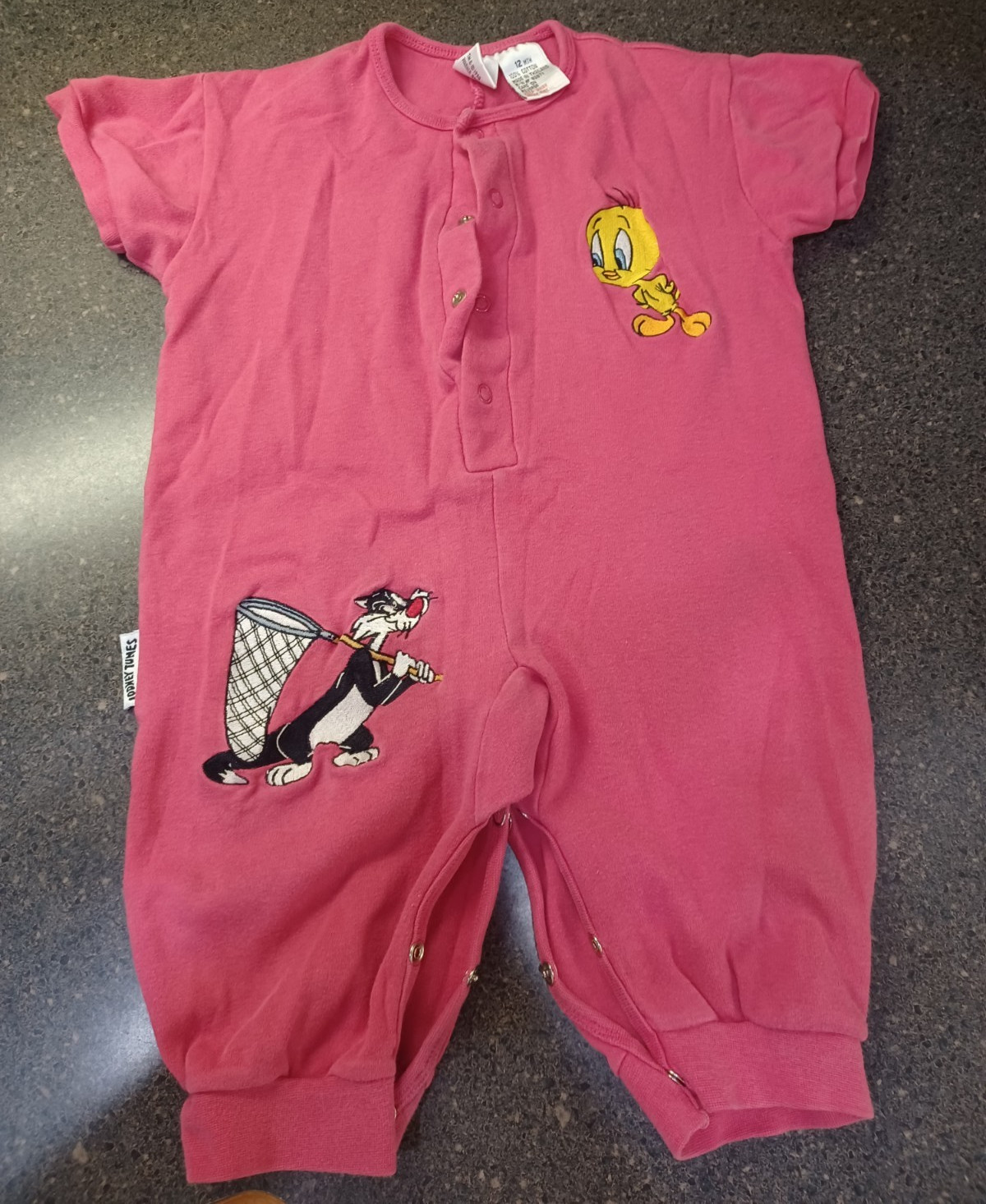 Looney Tunes Baby Romper OnePiece 12M Pink Cotton Snap Short Sleeve Tweety 1990s