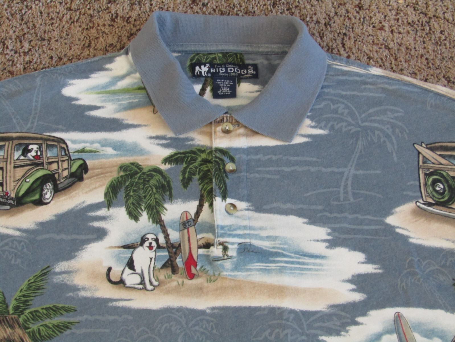 BIG DOG ALL OVER PRINT POLO SHIRT HAWAIIAN TROPICAL ISLAND WOODIE SURFER MENS L