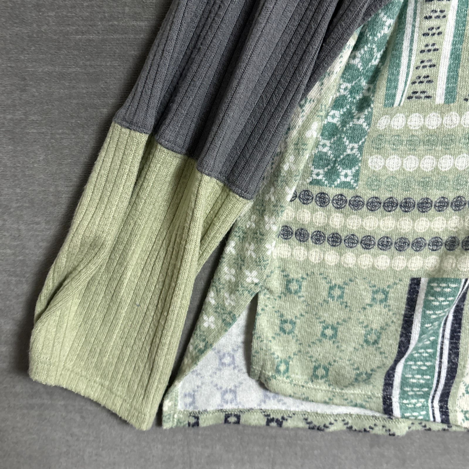 Cato Top 26/28W Green Patchwork Tunic Waffle Thermal Boho Henley Long Sleeve