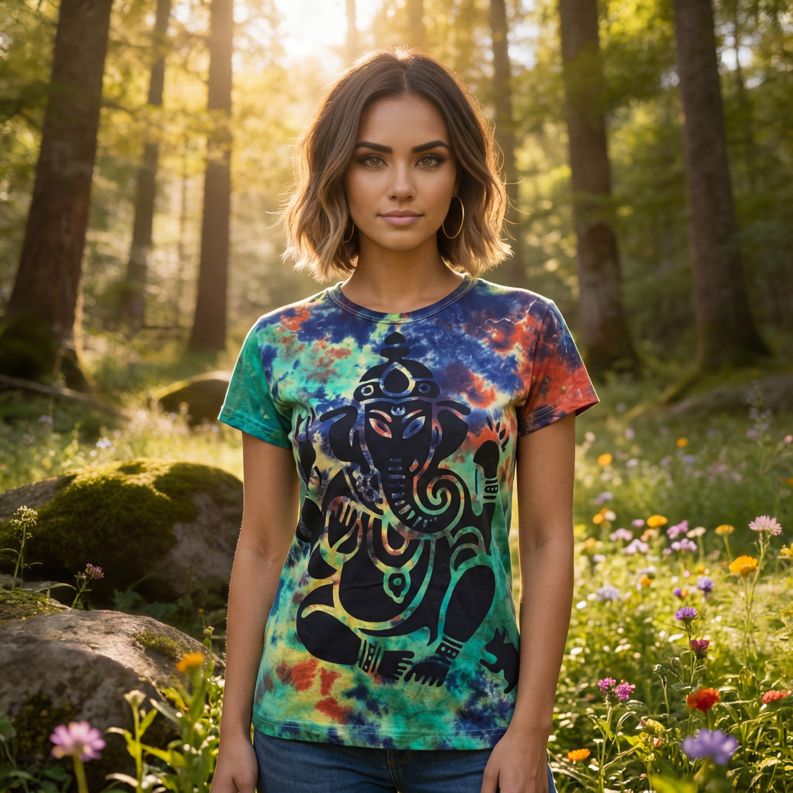 Ganesh Painted Tee: 100% Organic Cotton T Shirt for Women: Tie Dye: XS