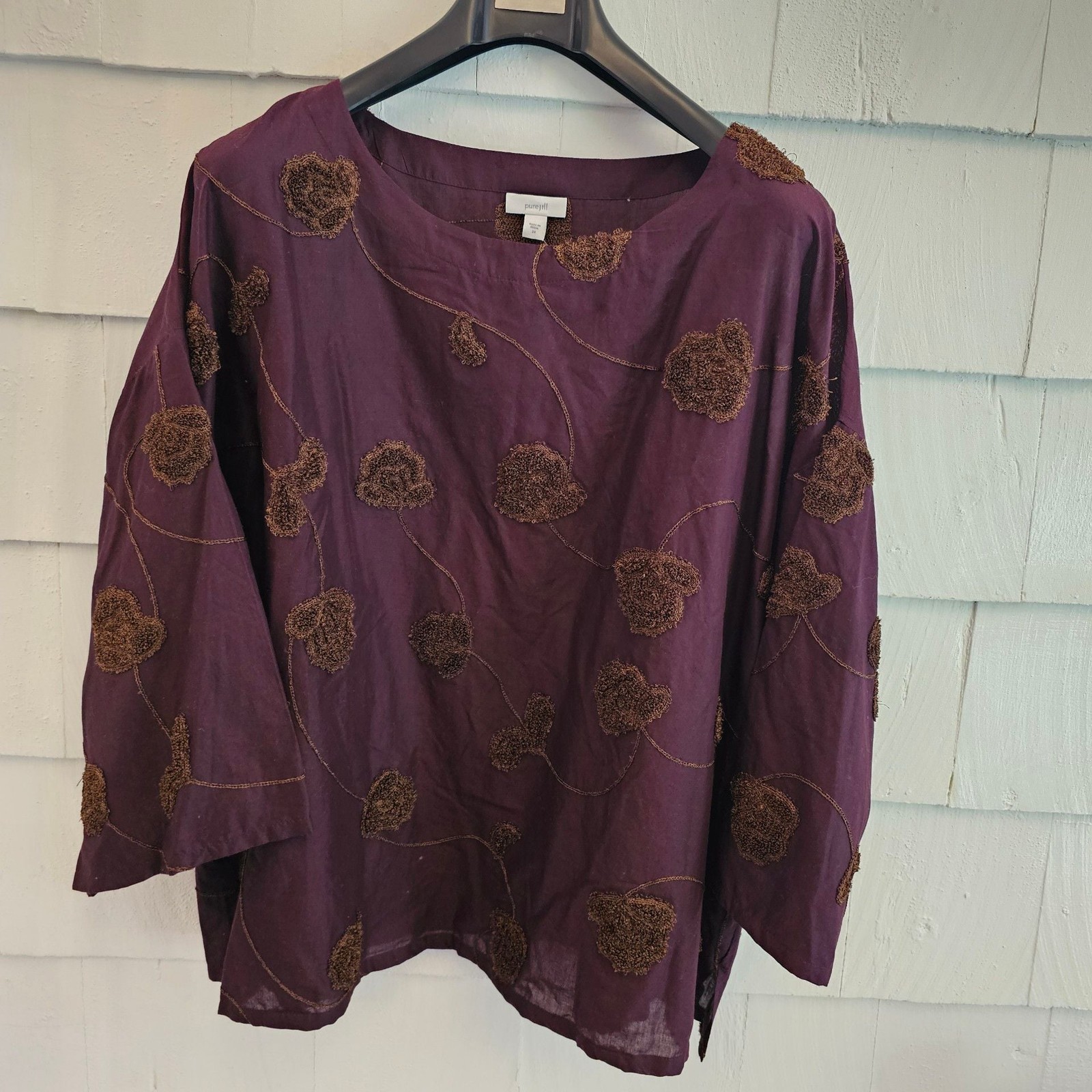 Pure Jill 2X Purple Embroidered Floral Applique 100% Cotton Tunic Top Boho