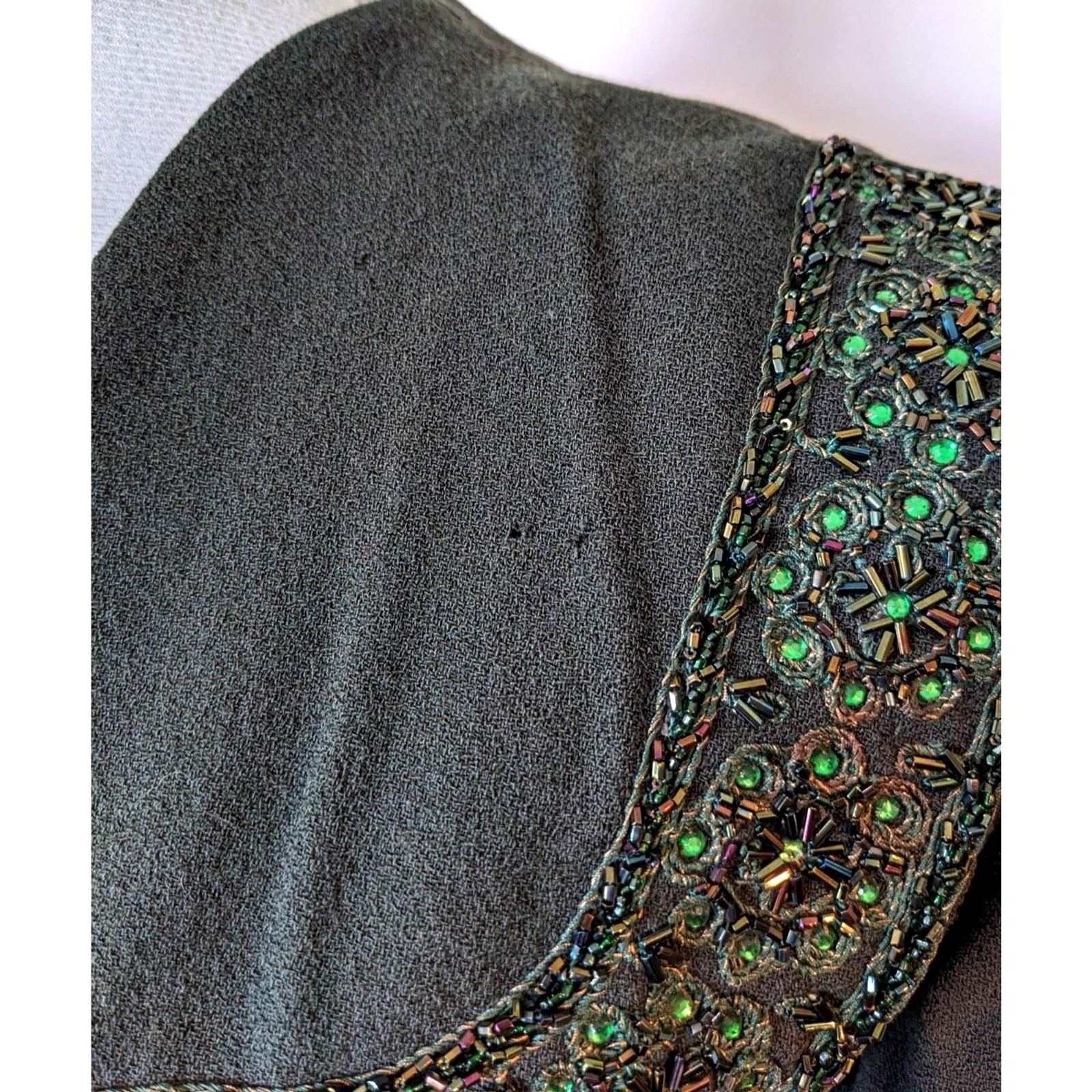 VTG 30s/40s Benham Original Beaded & Crystal Embellished Green Wool Jacket, Sz 8
