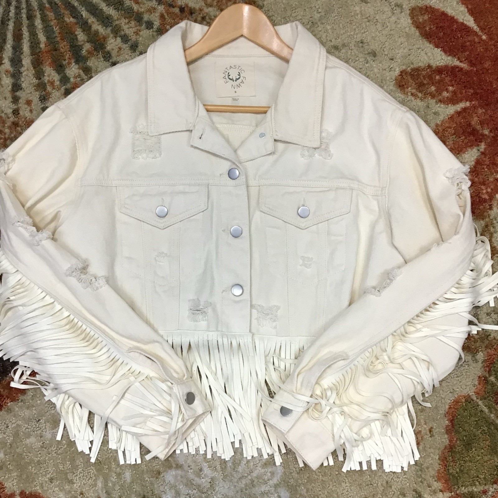 Fantastic Fawn Denim Jacket Distressed Fringe Western Cowgirl Festival Crop