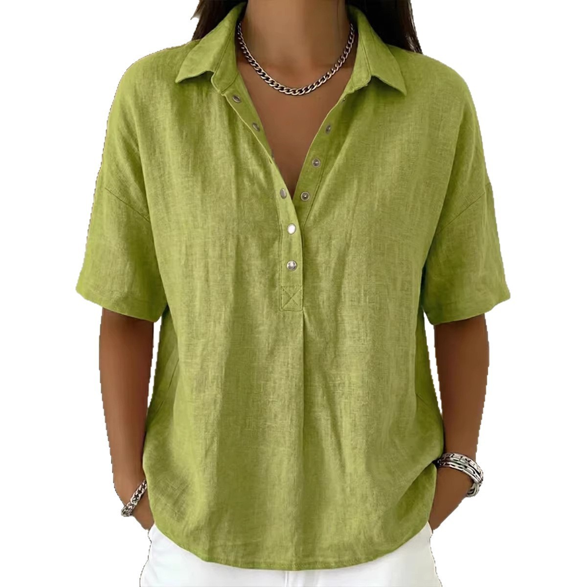 Summer Short-sleeved Shirt Button Pullover Top Fashion Casual Women’s Clothing