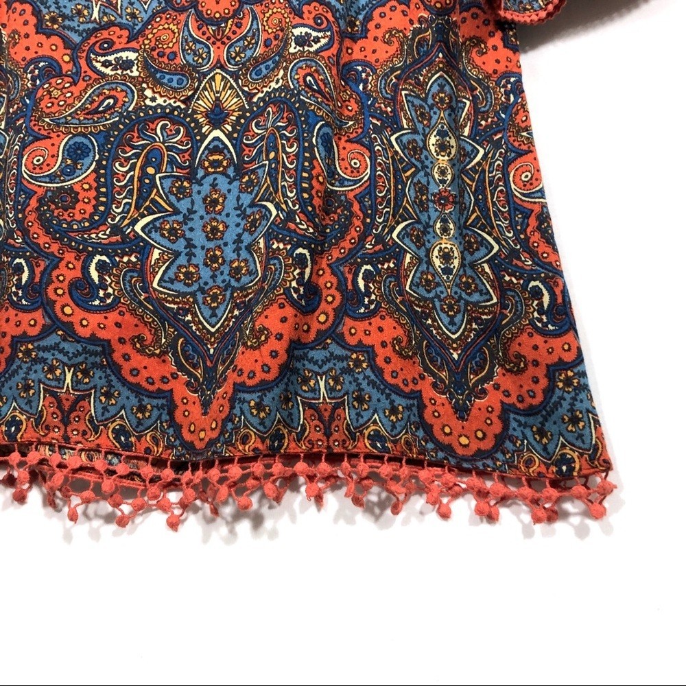 FREE PEOPLE Mini Dress Womens 2 Orange Blue Paisley Bell Sleeve Tunic $148 U924