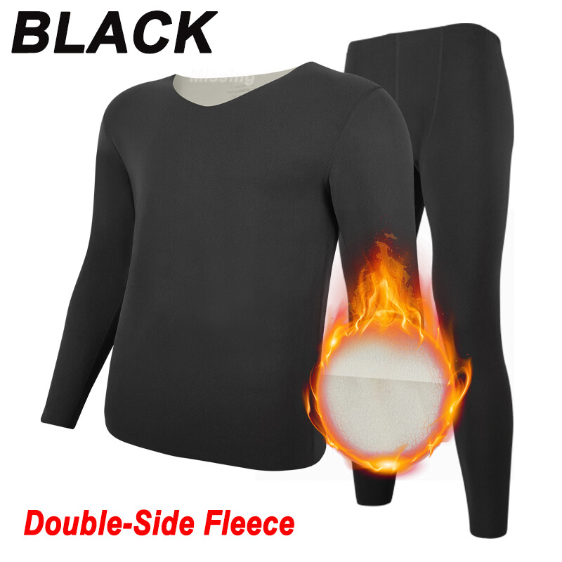 Fleece Lined Mens Thermal Underwear Set Base Layer Long Johns V-Neck Top&Bottom