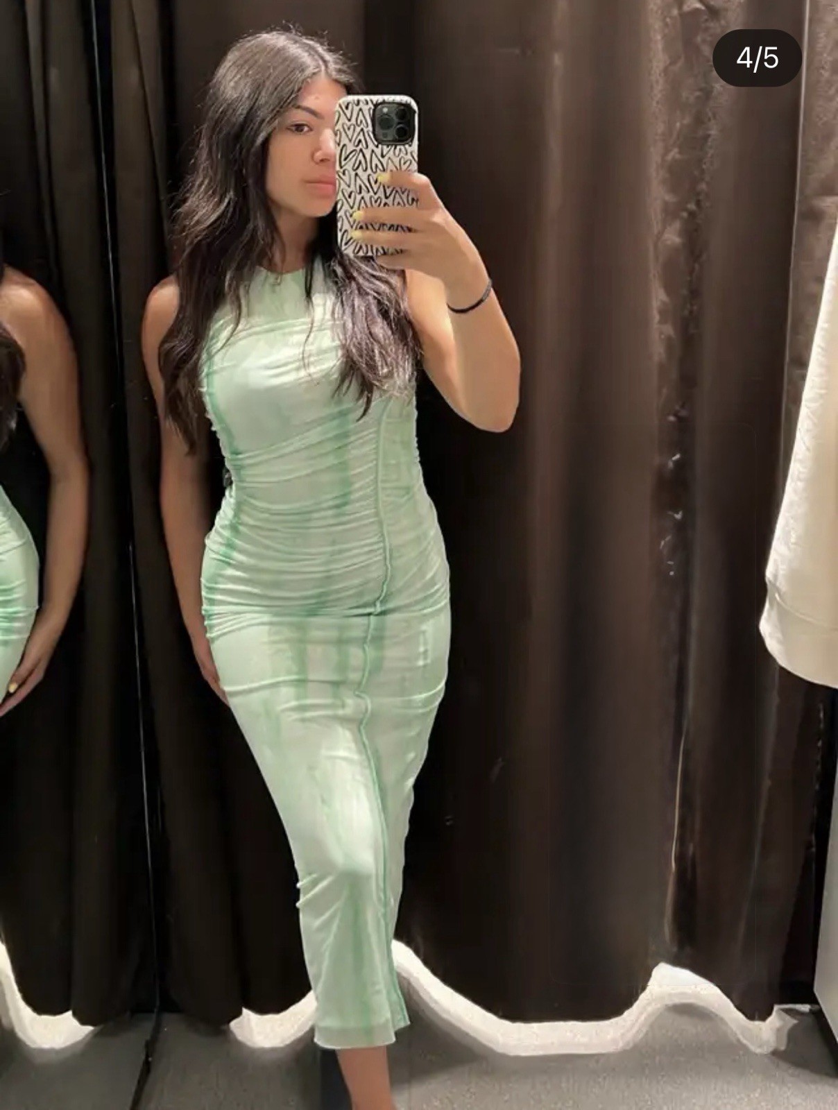 New ZARA Woman Green Tie Dye Tulle Mesh Midi Dress Ruched Sexy Size M 570K