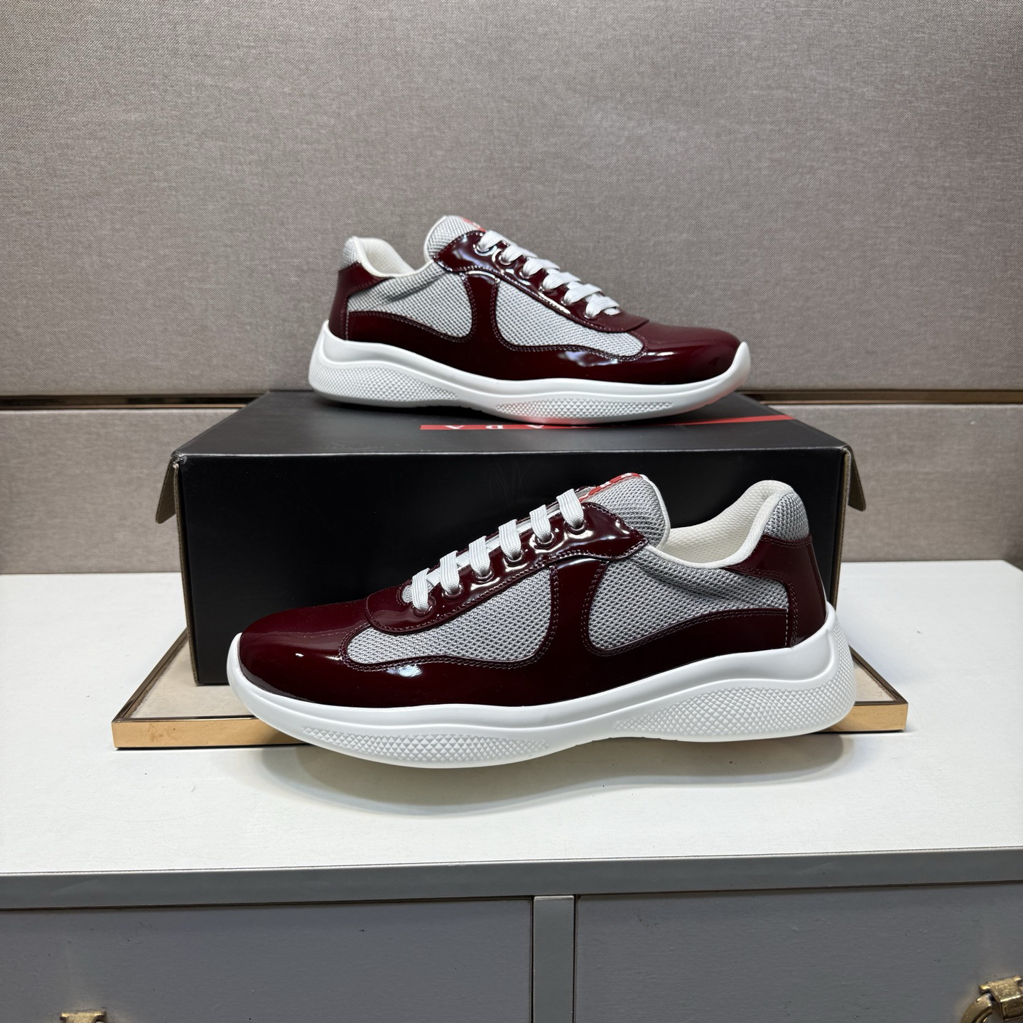 Prada America’s Cup Burgundy Patent Leather Mesh Low-Top Sneakers Men’s