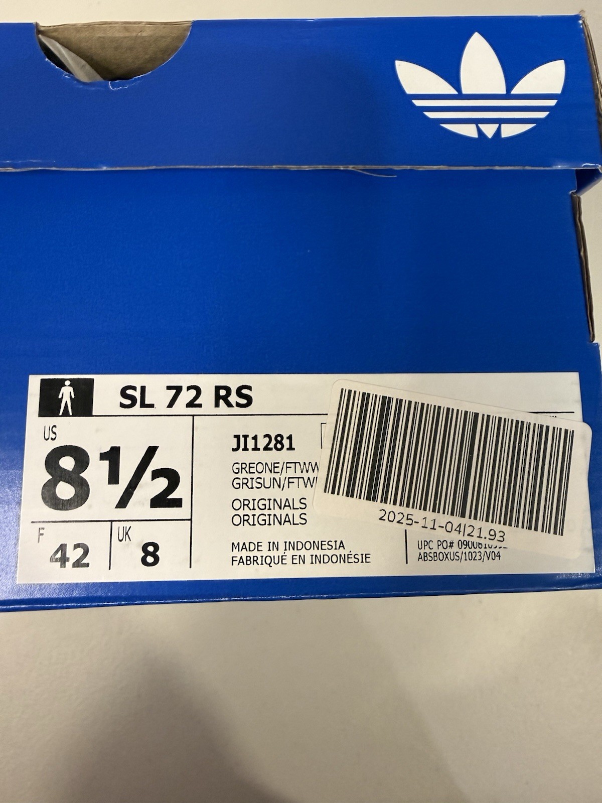 Adidas SL 72 RS sneakers in Grey One, Cloud White, and Crystal White colorway