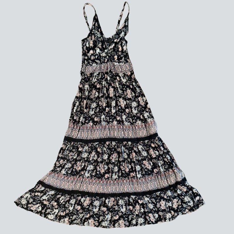 Angie Black Floral Tiered Boho Maxi Dress Spaghetti Strap 100% Rayon Size M