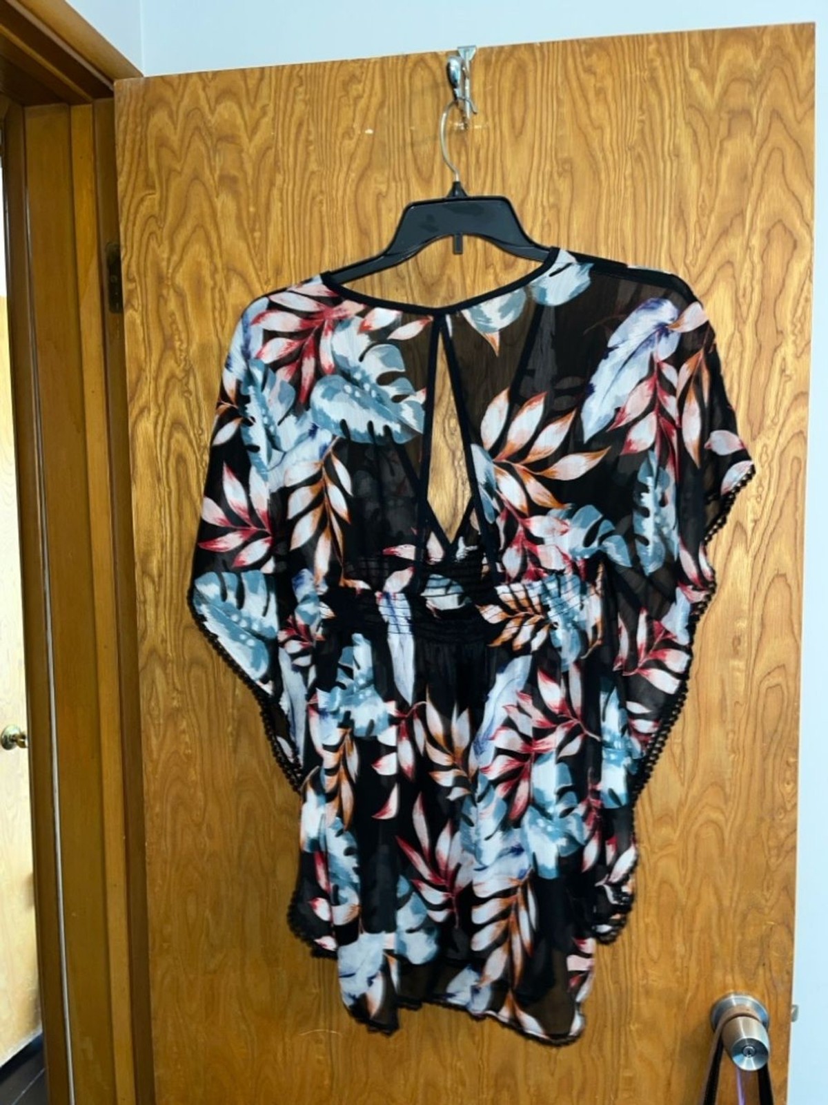 Kona Sol Black Floral V-Neck Tunic with Blue and Coral Leaves