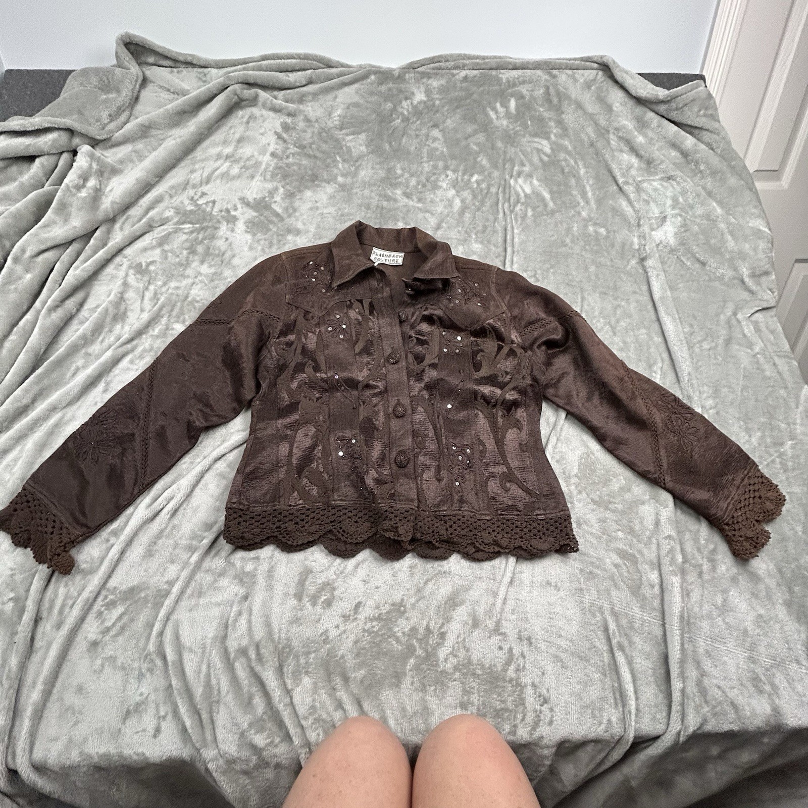 Flashback Couture Women’s Jacket Sz M Brown Embroidered Sequin Crochet Hem Boho