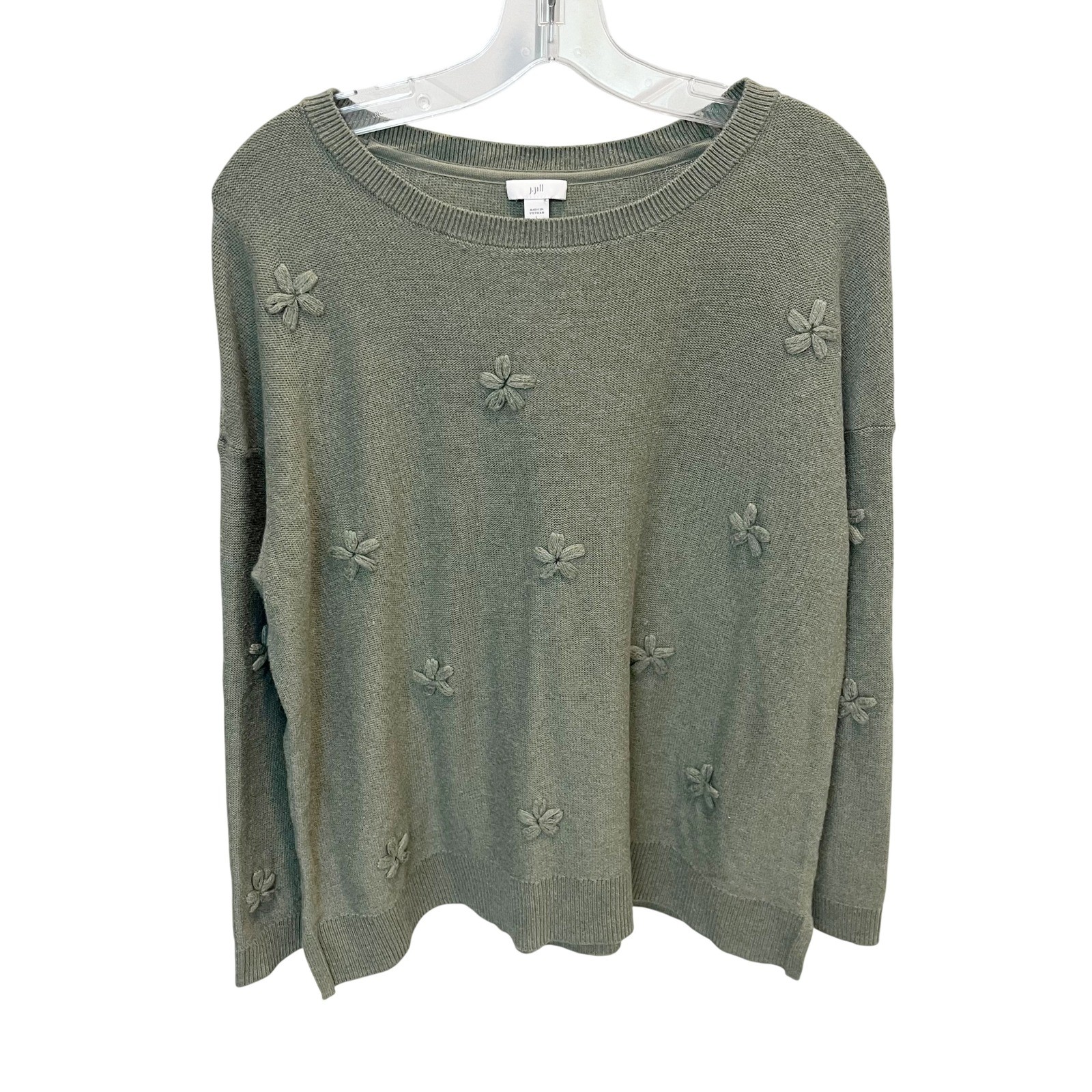 J. Jill Sage Green Floral Embroidered Knit Sweater Cotton – Size Large Petite