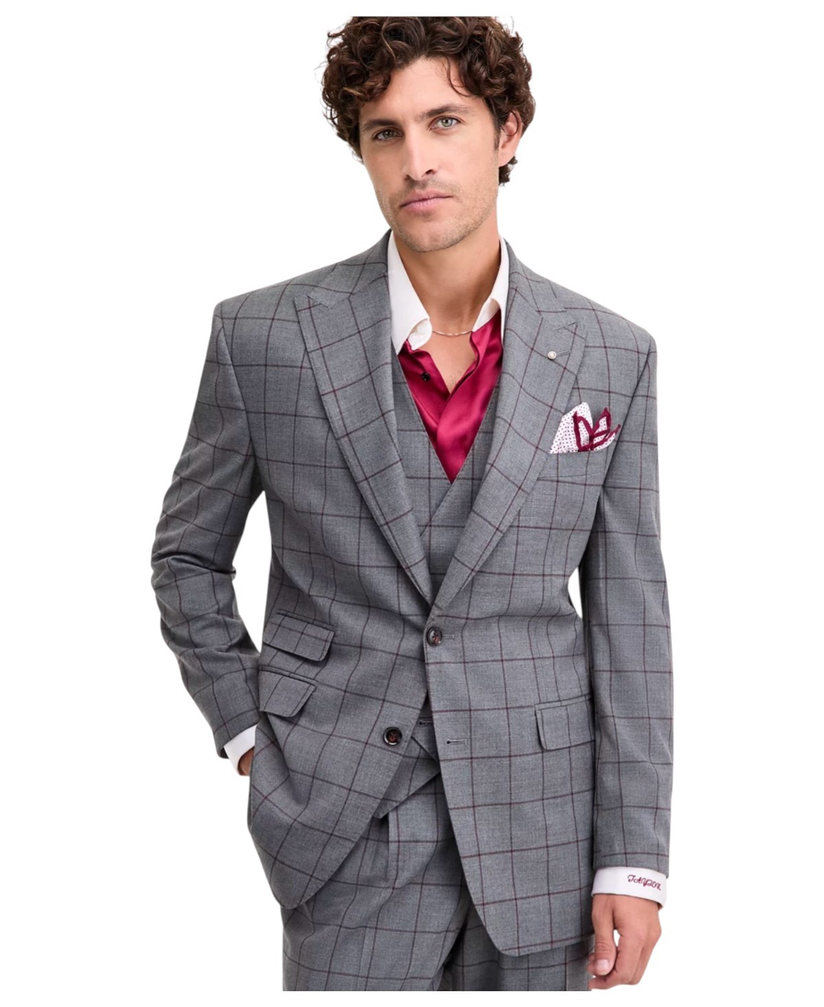 Tayion Mens Classic fit Sport Coat Blazer 42 L Gray Burgundy WIndowpane Plaid