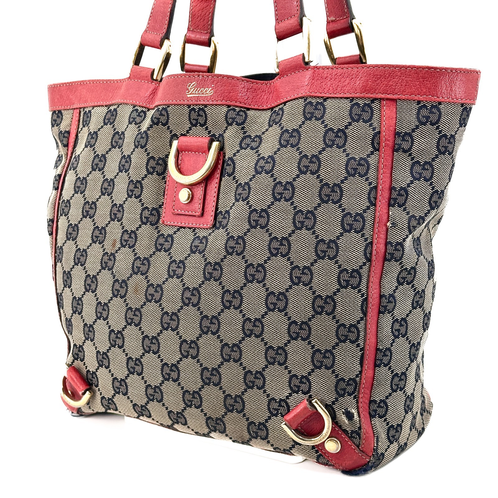 Gucci Abbey GG Canvas Leather Red 130739 Handbag Tote Bag Authentic