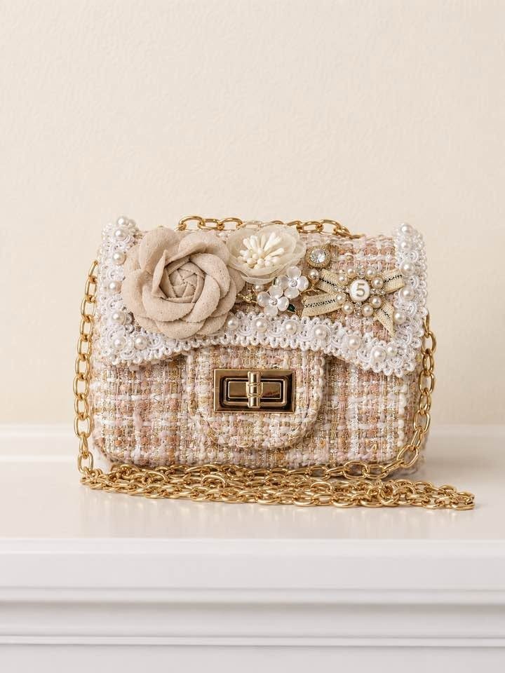 BEIGE TWEED MINI CROSSBODY BAG W/FAUX PEARLS FLORAL ACCENTS BEADS CRYSTALS
