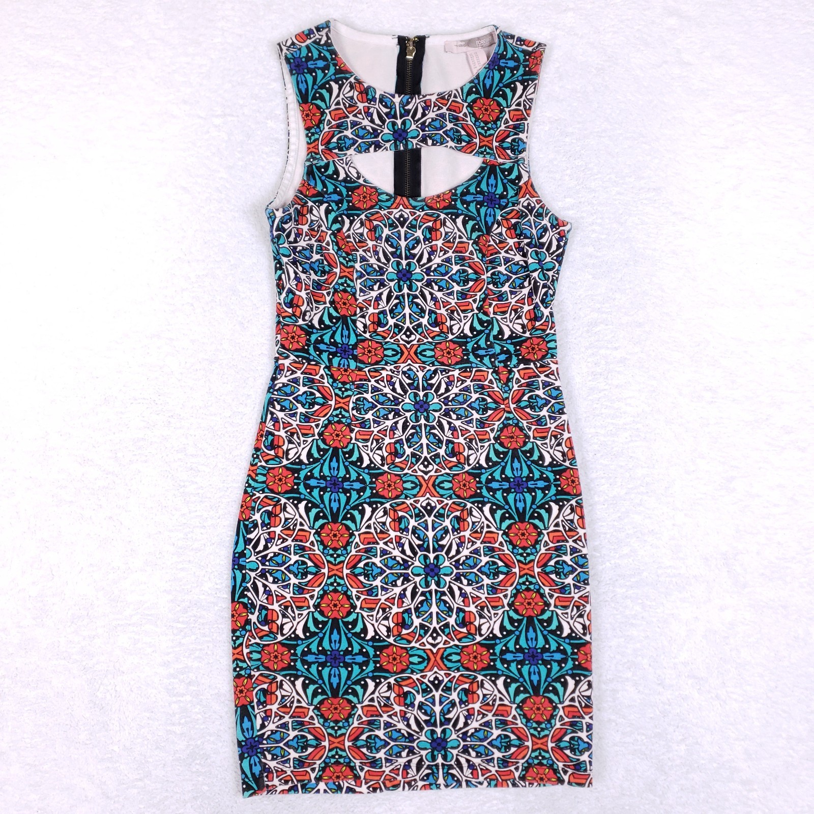 Forever 21 Contemporary Mosaic Bodycon Dress XS Cutout Front Expose Zip Festival