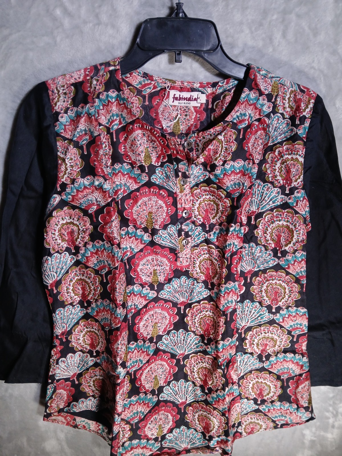 Fab India Womens M Blouse Red Silk Blend Split Neck Peacock 3/4 Sleeve Top