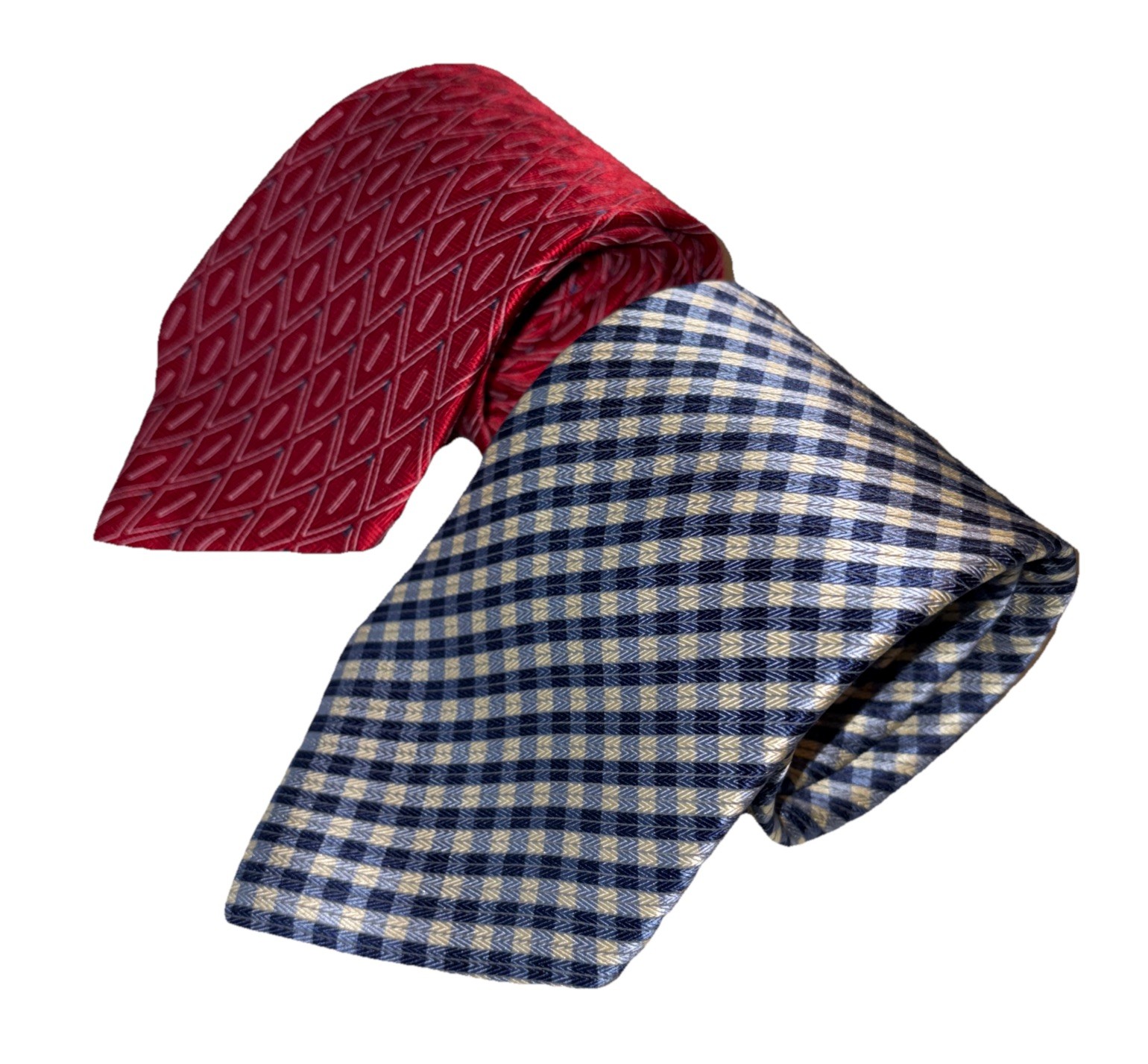 Arrow Mens Silk Ties Navy/yellow Striped Check & Red/white Geo Diamond Lot Of 2