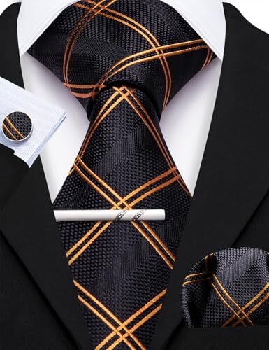 Extra Long Men Tie with Tie Clip Set Solid Plaid Silk Necktie Black Gold