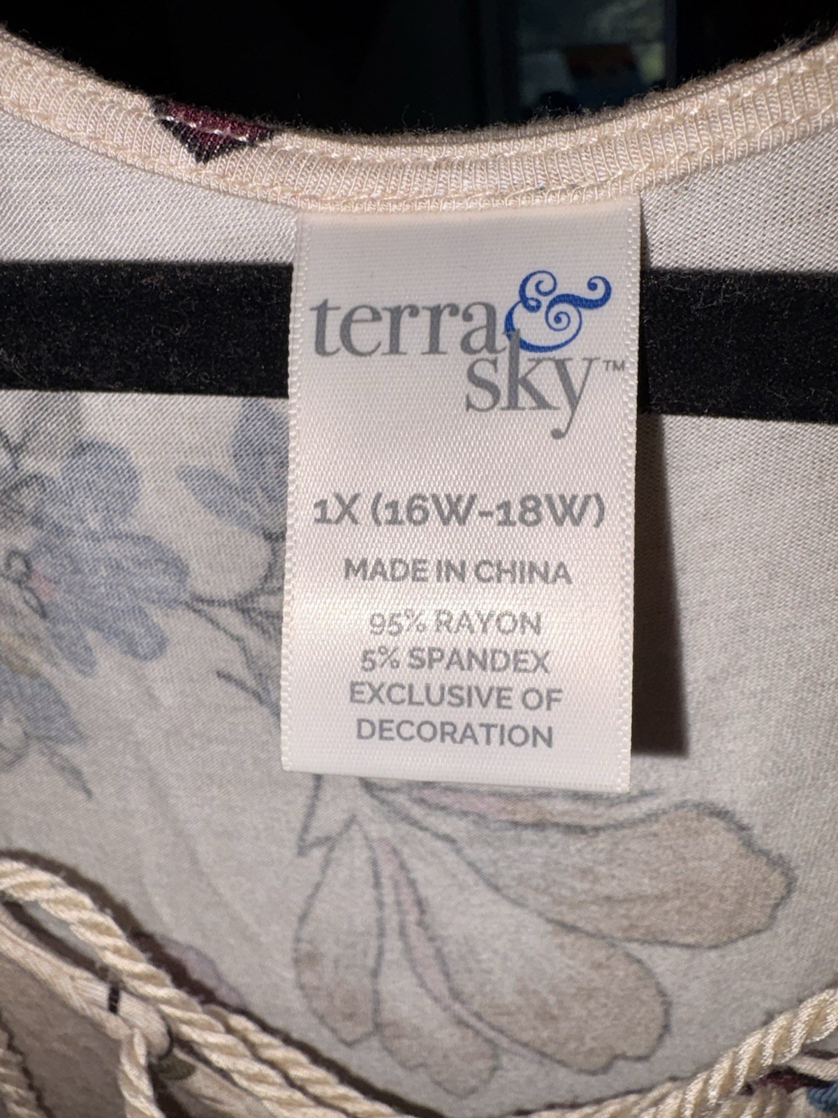 Terra & Sky 1X Plus Floral Tunic Top 3/4 Sleeve Beige Multicolor Rayon
