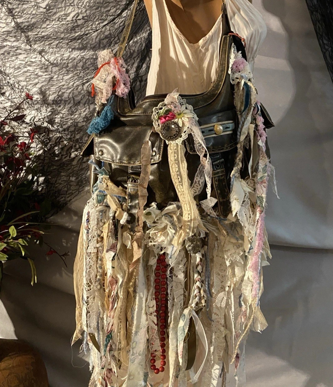 BOHO FRINGE ROMANTIC REWORKED SHABBY BAG PURSE Tapestry Funky Upcycled HIPPY